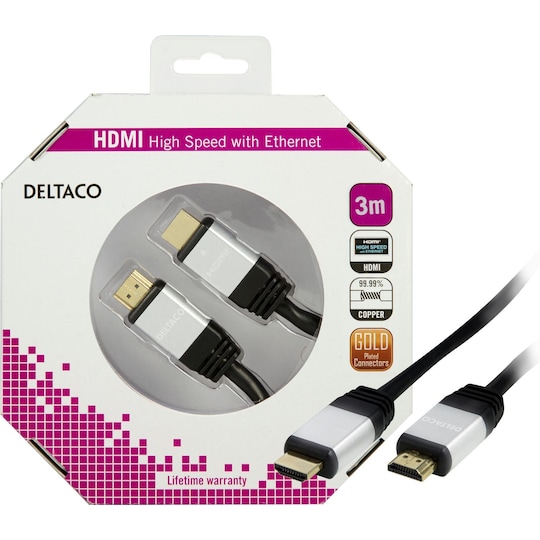 DELTACO HDMI kabel, HDMI High Speed with Ethernet, 4K, 3m, svart