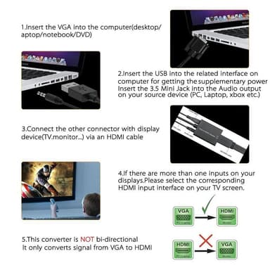 VGA till HDMI kompatibel adapter med ljudkabel
