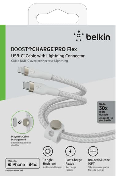 Belkin USB-C till Lightning flätad silikonkabel 3m (vit)