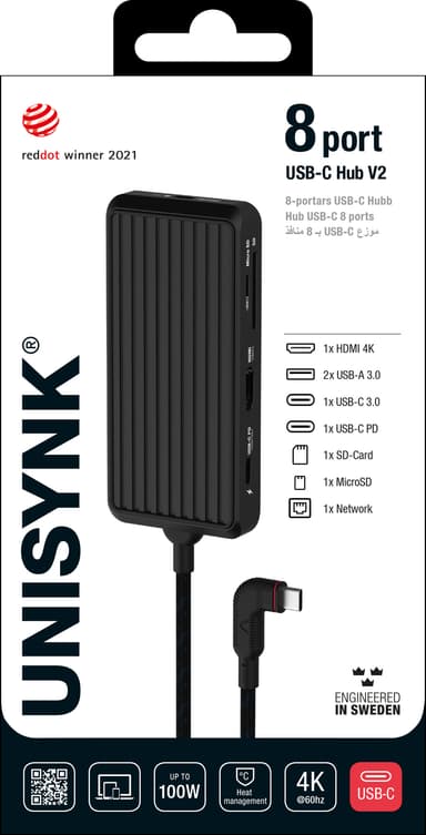 Unisynk 8-Port USB-C hubb (svart)