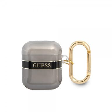 Guess AirPods 1/2 Skal Printed Stripe & Gold Hook Svart
