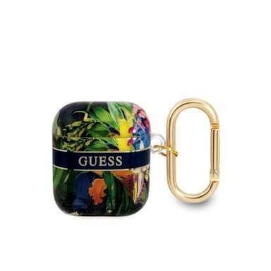 Guess AirPods 1/2 Skal Flower Print & Gold Hook Blå