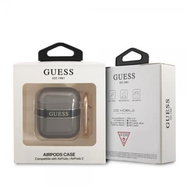 Guess AirPods 1/2 Skal Printed Stripe & Gold Hook Svart