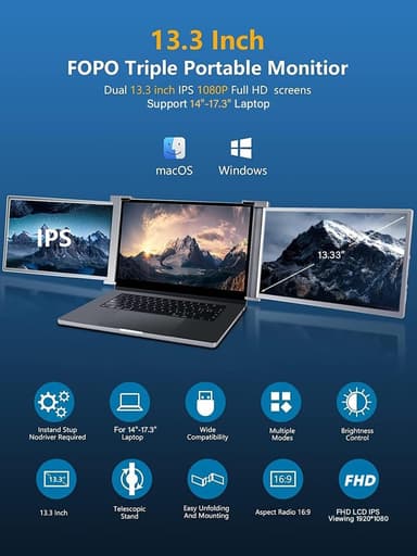NÖRDIC Dubbla bärbara 13.3"" skärmar med teleskopstativ för bärbar dator 13""-17"", FHD 1080P, Mac/Windows, USB-C och USB-A-anslutning