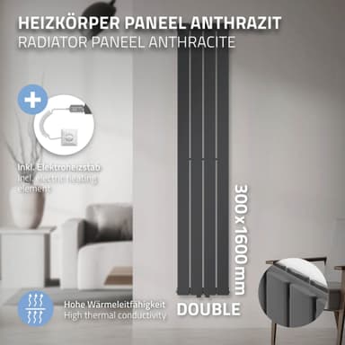 Panelradiator i dubbla lager 300x1600 mm med värmeelement 900W antracit