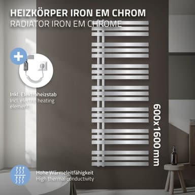 Badrumsradiator Iron EM med värmeelement 1200W 600x1600 mm Krom