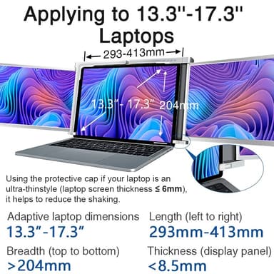 NÖRDIC Dubbla bärbara 13.3"" skärmar med teleskopstativ för bärbar dator 13""-17"", FHD 1080P, Mac/Windows, USB-C och USB-A-anslutning