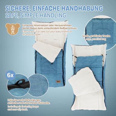 Joyz åkpåse, denimblå, sittdyna i fleece
