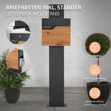 ECD-Germany brevlåda på stativ, 37x37x11 cm, antracit/trä
