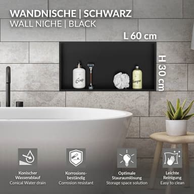 Duschkar 60x30 cm svart rostfritt stål LuxeBath