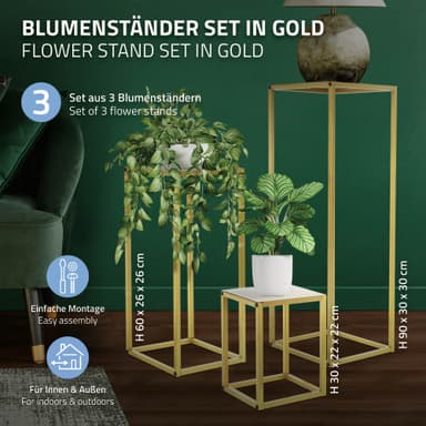 ML-Design Blomställ 3 st metall i guld, 22x22x30/26x26x60/30x30x90 cm