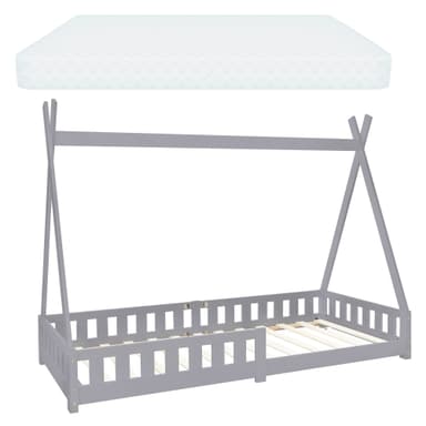 ML-Design Barnsäng Tipi 90x200 cm Grå med kallskumsmadrass
