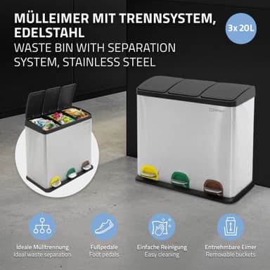 ML-Design Papperskorg för kök 3x20L (60L), Silverstål