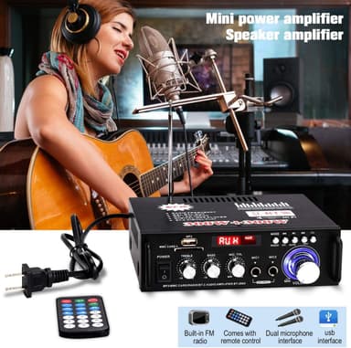 NÖRDIC Bluetooth 5.0 Stereo amplifier 2x40W AUX/USB/BT Audio förstärkare med FM mottagare, 2xMIC input