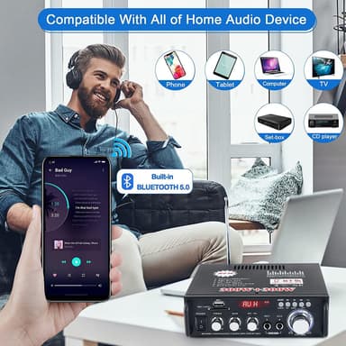 NÖRDIC Bluetooth 5.0 Stereo amplifier 2x40W AUX/USB/BT Audio förstärkare med FM mottagare, 2xMIC input