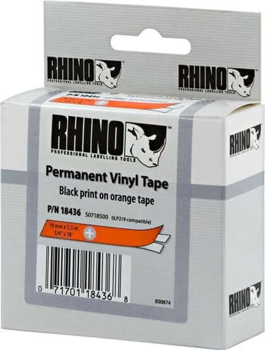 DYMO RhinoPRO märktejp perm vinyl 19mm, svart på orange, 5.5m rulle (18436)