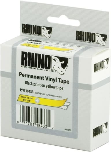 DYMO RhinoPRO märktejp perm vinyl 19mm, svart på gult, 5.5m rulle (18433)