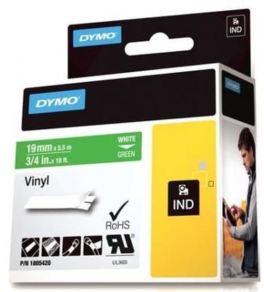 DYMO Rhino Professional, 19mm, märkbar vinyltejp, vit text grön tejp (1805420)