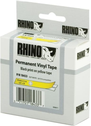 DYMO RhinoPRO märktejp perm vinyl 19mm, svart på gult, 5.5m rulle (18433)
