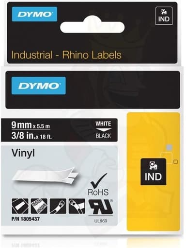 DYMO RhinoPRO 9mm vinyltejp, vit på svart, 5.5m rulle (1805437)