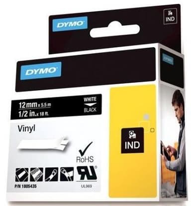DYMO Rhino Professional, 12mm, märkbar vinyltejp, vit text svart tejp (1805435)