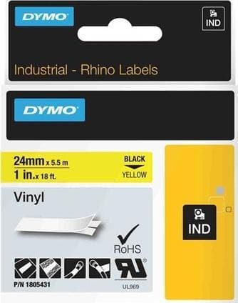 DYMO RhinoPRO 24mm vinyltejp, svart på gul, 5.5m rulle (1805431)