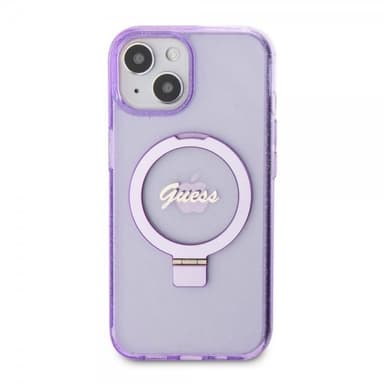 Guess iPhone 15 Skal Ring Stand Glitter MagSafe Lila