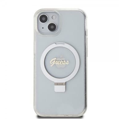Guess iPhone 15 Skal Ring Stand Glitter MagSafe Transparent