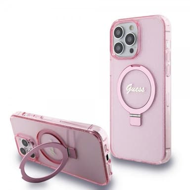 Guess iPhone 15 Pro Max Skal Ring Stand Glitter MagSafe Rosa