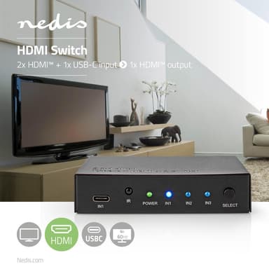 Nedis HDMI ™ Switch | 3-Port port(s) | 1x USB-C™ / 2x HDMI™ Ingång | 1x HDMI™ utgång | 4K@60Hz | 18.0 Gbps | Metall | Antracit