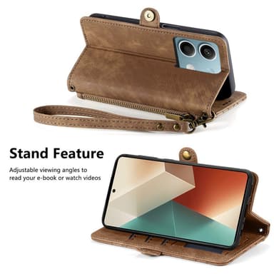 SKALO Xiaomi Redmi Note 13 5G Embossed Plånboksfodral i PU-Läder med Dragkedja - Brun