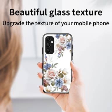 För Samsung Galaxy A35 härdat glas skal ring kickstand mobilskal - White Flower