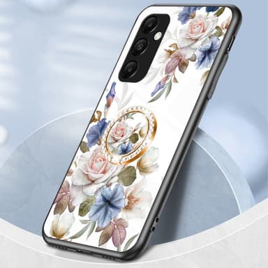 För Samsung Galaxy A35 härdat glas skal ring kickstand mobilskal - White Flower