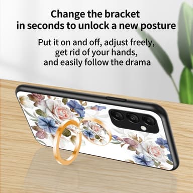 För Samsung Galaxy A35 härdat glas skal ring kickstand mobilskal - White Flower