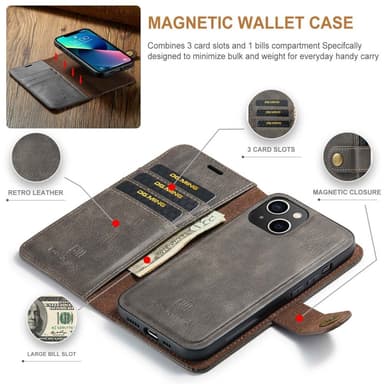 DG MING iPhone 15 2-i-1 Magnet Plånboksfodral - Grå