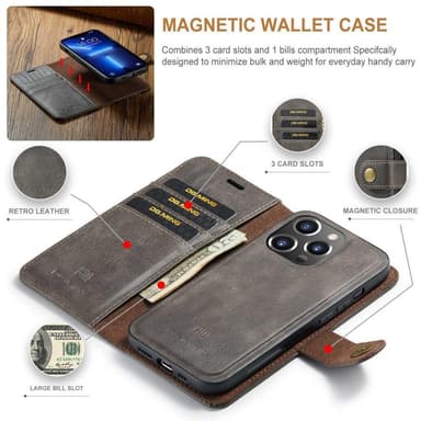 DG MING iPhone 15 Pro Max 2-i-1 Magnet Plånboksfodral - Grå