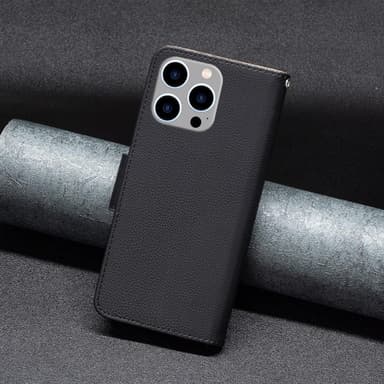 SKALO iPhone 15 Pro Max Litchi Plånboksfodral - Svart
