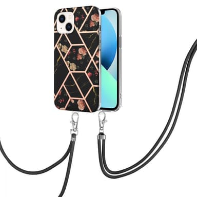 SKALO iPhone 15 Marmor Mobilhalsband Skal - Svart-Gul