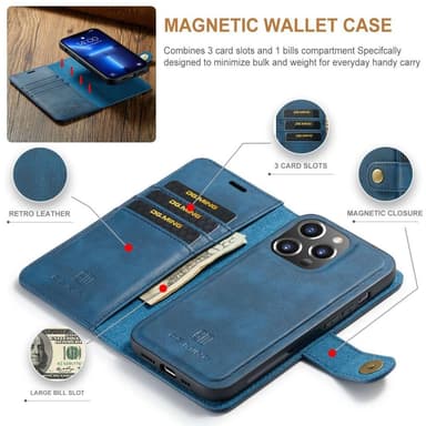 DG MING iPhone 15 Pro Max 2-i-1 Magnet Plånboksfodral - Blå