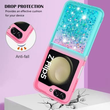 SKALO Samsung Z Flip5 Kvicksand Glitter Hjärtan TPU-skal - Rosa-Turkos