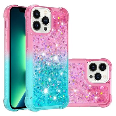 SKALO iPhone 15 Pro Max Kvicksand Glitter Hjärtan TPU-skal - Rosa-Turkos