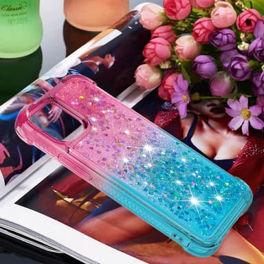 SKALO iPhone 15 Kvicksand Glitter Hjärtan TPU-skal - Rosa-Turkos