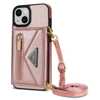 SKALO iPhone 15 PU Läder Skal med Plånbok - Rosa