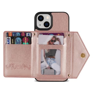 SKALO iPhone 15 PU Läder Skal med Plånbok - Rosa