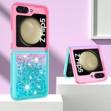SKALO Samsung Z Flip5 Kvicksand Glitter Hjärtan TPU-skal - Rosa-Turkos