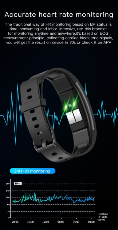 Aktivitetsarmband med EKG-övervakning, puls, sömnmonitor Svart