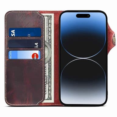Mobilplånbok 3-kort äkta läder Apple iPhone 15 Pro - Oxblod