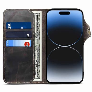 Mobilplånbok 3-kort äkta läder Apple iPhone 15 - Svart