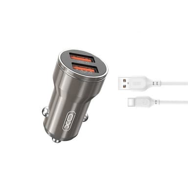 XO billaddare med 2x USB 2,4A & USB-C kabel - grå