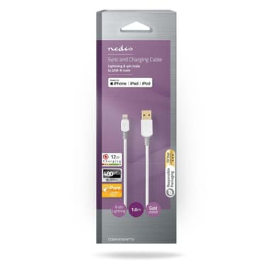 Nedis Lightning Kabel | USB 2.0 | Apple Lightning, 8-stifts | USB-A Hane | 480 Mbps | Guldplaterad | 1.00 m | Rund | PVC | Grå / Vit | Kartong med fönster